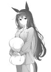  1girl admire_vega_(umamusume) animal_ears breasts buttons closed_mouth cowboy_shot greyscale highres horse_ears horse_girl horse_tail long_hair long_sleeves looking_at_viewer monochrome nayuta_ggg object_hug pajamas pants shirt small_breasts solo standing tail umamusume 