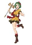  1girl :d boots brown_footwear dress ebinku fire_emblem fire_emblem:_thracia_776 green_eyes green_hair highres holding holding_staff looking_at_viewer open_mouth outstretched_arm short_hair smile staff tina_(fire_emblem) yellow_dress 