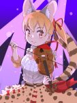  1girl animal_ears belt bow bow_(music) bowtie brown_eyes brown_hair cat_ears cat_girl cat_tail extra_ears highres holding_violin instrument kemono_friends kemono_friends_v_project large-spotted_genet_(kemono_friends) long_hair ribbon shirt simple_background skirt solo tail twintails violin virtual_youtuber y0whqzz8bkslezl 