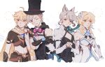  2boys 2girls aether_(genshin_impact) ahoge animal_ear_fluff animal_ears arm_armor arm_grab armor bare_shoulders black_cape black_corset black_dress black_gloves black_headwear blonde_hair blue_bow blue_bowtie bow bowtie braid breasts brown_pants brown_shirt buttons cape cat_ears cat_girl cat_tail collared_shirt corset detached_sleeves diamond_button dress earrings facial_mark feather_hair_ornament feathers fingernails flower frills genshin_impact gloves grey_hair hair_between_eyes hair_flower hair_ornament hat heart highres jewelry juliet_sleeves long_hair long_sleeves looking_at_viewer looking_to_the_side lumine_(genshin_impact) lynette_(genshin_impact) lyney_(genshin_impact) medium_breasts multiple_boys multiple_girls navel one_eye_closed orange_eyes oratoza pants pink_bow pink_bowtie puffy_detached_sleeves puffy_long_sleeves puffy_sleeves scarf shirt short_hair short_sleeves shoulder_armor sidelocks simple_background single_earring smile standing star_(symbol) star_facial_mark tail teardrop_facial_mark teeth top_hat violet_eyes white_background white_dress white_flower white_scarf white_shirt yaoi yuri 