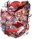  absurdres armor ascot bat_wings blonde_hair blue_hair commentary_request crystal flandre_scarlet full_body hat hat_ribbon highres looking_at_viewer mob_cap one_side_up open_mouth outdoors pink_headwear pink_shirt pink_skirt red_ascot red_eyes red_footwear red_ribbon remilia_scarlet ribbon shirt short_hair short_sleeves siblings signature sisters skirt thigh-highs top-exerou touhou white_headwear white_thighhighs wings yellow_ascot 