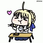 &gt;_&lt; 1girl ahoge artoria_pendragon_(all) chopsticks eating fate/stay_night fate_(series) rice_bowl saber seseren