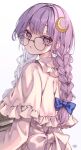  1girl alternate_hairstyle braid crescent crescent_hair_ornament dress glasses hair_ornament highres long_hair long_sleeves open_mouth patchouli_knowledge purple_dress purple_hair round_eyewear signature solo touhou twin_braids upper_body violet_eyes white_background yuineko 
