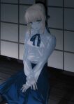 artoria_pendragon_(all) artoria_pendragon_(fate) blonde_hair blue_eyes fate/stay_night fate_(series) fov_ps looking_at_viewer saber skirt solo white_shirt
