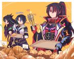  3boys black_hair blue_hair bread croissant duel_monster ei_(tdnei666) fingerless_gloves food gauntlets gloves green_hair high_ponytail highres holding holding_tongs holding_tray jacket kashtira_riseheart long_sleeves male_focus muffin multiple_boys open_clothes open_jacket open_mouth popped_collar redhead scareclaw_reichheart shaded_face short_hair single_fingerless_glove single_shoulder_pad single_sleeve tongs tray violet_eyes visas_starfrost wide_sleeves yu-gi-oh! 