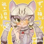  1girl animal_ears anniversary bow bowtie extra_ears geoffroy&#039;s_cat_(kemono_friends) green_eyes grey_hair i_hoheto kemono_friends kemono_friends_v_project looking_at_viewer microphone ribbon shirt simple_background solo sunglasses suspenders twintails virtual_youtuber yellow_background 