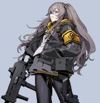  1girl armband fingerless_gloves girls_frontline gloves grey_background gun hair_between_eyes hand_in_pocket highres holding holding_gun holding_weapon hood hood_down hooded_jacket jacket long_hair looking_at_viewer manarou one_side_up open_clothes open_jacket orange_eyes pantyhose pleated_skirt scar scar_across_eye scar_on_face simple_background skirt solo submachine_gun ump45_(girls&#039;_frontline) weapon 
