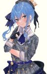  1girl blue_eyes blue_hair blush closed_mouth crown fingerless_gloves gloves highres hololive hoshimachi_suisei hoshimachi_suisei_(1st_costume) lips looking_at_viewer plaid simple_background smile solo star_(symbol) star_in_eye suzya_6 symbol_in_eye virtual_youtuber white_background 