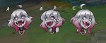  1girl :d absurdres ahoge bare_shoulders briar_(league_of_legends) colored_sclera cropped_shoulders fangs grey_eyes grey_hair hair_between_eyes highres league_of_legends looking_at_viewer multiple_views open_mouth outdoors pink_hair pink_sclera sharp_teeth smile stella_chen_yui teeth tongue 