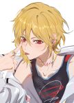  1boy absurdres alternate_costume androgynous black_tank_top blonde_hair blush ensemble_stars! highres hood hood_down hoodie jacket jacket_partially_removed long_sleeves looking_at_viewer male_focus nito_nazuna red_eyes reverie0304 solo tank_top tongue tongue_out white_background white_hoodie 