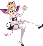  1girl apron averysai blonde_hair breasts demon_girl demon_horns demon_tail demon_wings eating feet garter_straps gloves high_heels horns indie_virtual_youtuber large_breasts lowres maid maid_apron non-web_source tail wings 