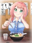 ! +_+ 1girl :t bang_dream! blue_shirt blurry blurry_background blush bowl bracelet breasts carmen_kiruya chopsticks collared_shirt commentary cup drinking_glass eating egg food green_eyes hand_on_own_cheek hand_on_own_face heart highres holding holding_chopsticks holding_spoon indoors jewelry large_breasts long_hair looking_at_viewer low_twintails medium_hair necklace noodles pink_hair ramen restaurant shirt sleeveless sleeveless_shirt solo spoken_exclamation_mark spoon striped striped_shirt twintails uehara_himari upper_body vertical-striped_shirt vertical_stripes 