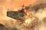  aircraft airship aoi_waffle battle battle_damage battleship cannon dusk explosion fire flag mast military_vehicle rusty_front ship signature smoke warship watercraft 