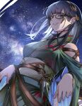  1girl against_railing black_hair blue_eyes clothing_cutout ear_piercing glasses granblue_fantasy highres illnott japanese_clothes kimono long_hair nabeji_(wata_nb) night night_sky obi piercing railing sash shoulder_cutout sky smile 