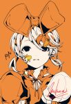  1girl 3kuma bandaid bandaid_on_face black_eyes bolo_tie bow hair_bow hair_ornament hairpin highres kagamine_rin orange_theme short_twintails shoulder_pads signature twintails vocaloid 
