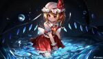  1girl absurdres black_background blonde_hair bubble commentary crystal english_commentary flandre_scarlet full_body hat hat_ribbon highres medium_hair mob_cap one_side_up red_eyes red_ribbon ribbon signature sitting solo top-exerou touhou white_headwear wings 