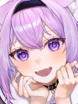  1girl :d a123_b456 animal_ear_fluff animal_ears blush cat cat_girl collar commentary fang hands_on_own_cheeks hands_on_own_face highres hololive nekomata_okayu open_mouth purple_hair skin_fang smile solo violet_eyes 