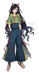  1girl barefoot black_hair blue_pants closed_mouth full_body green_shirt hands_in_pockets highres horns iovebly long_hair nippaku_zanmu oni_horns pants red_eyes shirt short_sleeves simple_background smile solo touhou white_background 