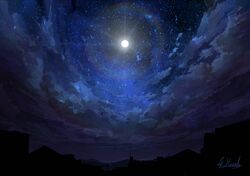  alu.m_(alpcmas) clouds full_moon moon night night_sky no_humans original outdoors scenery signature sky star_(sky) starry_sky urban 