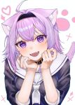  1girl :d a123_b456 ahoge animal_ear_fluff animal_ears ascot blush cat_ears cat_tail collar fang hands_on_own_cheeks hands_on_own_face heart highres hololive looking_at_viewer medium_hair nekomata_okayu open_mouth school_uniform serafuku simple_background skin_fang smile solo tail white_background 
