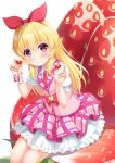  1girl 7fuji_06 aikatsu! aikatsu!_(series) blonde_hair blush bow collared_dress dress food frilled_dress frills fruit hair_bow highres holding holding_food holding_fruit hoshimiya_ichigo layered_dress long_hair looking_at_viewer necktie on_food oversized_food oversized_object red_eyes short_sleeves single_wrist_cuff sitting smile solo strawberry very_long_hair wrist_cuffs 
