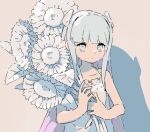  1girl blue_eyes blue_hair blunt_bangs bouquet closed_mouth commentary_request expressionless flower hair_ornament holding holding_bouquet indie_virtual_youtuber kaizuka_(mintfield) long_hair looking_at_viewer shirt sleeveless sleeveless_shirt solo somunia sunflower upper_body virtual_youtuber white_shirt 