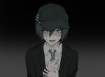  1boy :d black_background black_headwear black_jacket blush brown_eyes chelibos collared_shirt danganronpa_(series) danganronpa_v3:_killing_harmony grey_background grey_shirt hair_between_eyes highres jacket long_sleeves male_focus necktie official_alternate_costume open_clothes open_jacket own_hands_together saihara_shuichi shirt smile solo striped_necktie sweat 