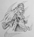  1girl breasts closed_mouth commentary dress greyscale half-closed_eyes headdress highres junko_(touhou) kanaria_(bocmn) long_hair long_sleeves monochrome one-hour_drawing_challenge simple_background sketch solo tabard touhou traditional_media wide_sleeves 