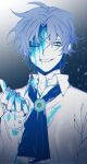  1boy 3cnfw ascot bags_under_eyes blood blue_ascot blue_blood blue_hair blue_nails blue_theme chesed_(project_moon) collared_shirt highres lobotomy_corporation long_sleeves looking_to_the_side one_eye_closed parted_bangs parted_lips project_moon shirt smile solo upper_body white_shirt yellow_eyes 