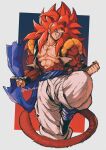  1boy absurdres biceps black_wristband blue_eyes blue_sash body_fur brown_fur dragon_ball dragon_ball_gt full_body gogeta highres looking_at_viewer male_focus metamoran_vest monkey_boy monkey_tail muscular muscular_male no_nipples open_mouth pants pectorals redhead relio_db318 sash simple_background smile smirk solo spiky_hair super_saiyan super_saiyan_4 tail teeth white_pants 