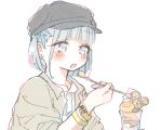  1girl black_headwear blush bracelet cha_ipride collared_shirt dessert earrings flat_cap food from_side fruit glass grey_eyes grey_hair grey_shirt hat holding holding_spoon ice_cream idoly_pride jewelry kana_(idoly_pride) lemon lemon_slice long_bangs long_sleeves looking_at_viewer open_clothes open_mouth open_shirt shirt short_hair sidelocks simple_background sleeves_pushed_up solo spoon upper_body white_background 