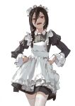  1girl absurdres angry apron black_hair braid chainsaw_man commentary dino_(dinoartforame) frilled_sleeves frills garter_straps hair_between_eyes highres long_sleeves looking_at_viewer maid maid_apron maid_headdress nayuta_(chainsaw_man) open_mouth red_eyes simple_background symbol-only_commentary thigh-highs white_background white_thighhighs 