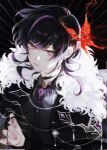  1boy alternate_costume bishounen black_choker blurry bridal_gauntlets bug butterfly chain choker earrings fur-trimmed_jacket fur_trim genshin_impact highres jacket jewelry looking_at_viewer male_focus red_butterfly ring scaramouche_(genshin_impact) short_hair single_earring solo upper_body violet_eyes yionyi23 