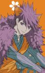  1boy animal_ears coat collared_shirt danganronpa_(series) danganronpa_v3:_killing_harmony facial_hair fur-trimmed_coat fur_trim goatee green_shirt hair_between_eyes long_sleeves male_focus momota_kaito official_alternate_costume orange_background orange_vest ore_sensei pink_eyes pink_hair shirt smile solo spiky_hair vest wolf_ears 