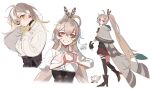  1girl ahoge brown_eyes brown_hair eus_ing feather_hair_ornament feathers full_body gloves hair_ornament hairclip hololive hololive_english long_hair looking_at_viewer multicolored_hair nanashi_mumei nanashi_mumei_(1st_costume) nanashi_mumei_(3rd_costume) ponytail shirt skirt smile solo streaked_hair very_long_hair virtual_youtuber white_shirt 