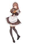  1girl anchor_symbol apron blush boots breasts brown_dress brown_eyes brown_hair choker ddul_(hauluimubingoj1) dress fingerless_gloves frilled_apron frilled_dress frills full_body gloves guilty_gear guilty_gear_strive highres long_hair long_sleeves maid maid_apron maid_headdress may_(guilty_gear) medium_breasts sailor_collar simple_background smile solo sweatdrop thigh-highs v-shaped_eyebrows white_background wrist_cuffs zettai_ryouiki 