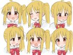  1girl ahoge asymmetrical_hair blonde_hair blush bocchi_the_rock! closed_mouth expressions facing_viewer flying_sweatdrops highres ijichi_nijika looking_at_viewer looking_to_the_side open_mouth orange_eyes portrait side_ponytail sidelocks simple_background smile sweat to9_722 white_background 