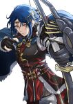  1boy absurdres alcryst_(fire_emblem) asymmetrical_hair black_gloves blue_cape blue_hair bow_(weapon) buckle cape circlet closed_mouth fire_emblem fire_emblem_engage fur_trim gloves hair_ornament high_collar highres holding holding_bow_(weapon) holding_weapon looking_at_viewer male_focus red_eyes simple_background solo umi_(_oneinchswing) weapon white_background 
