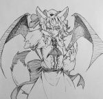  1girl animal_ears ascot bat_wings center_frills commentary_request fingernails frills highres kanaria_(bocmn) long_fingernails long_sleeves remilia_scarlet shirt short_hair simple_background sketch skirt solo tail tongue tongue_out touhou traditional_media wings 
