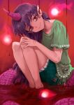 1girl barefoot clothes_writing green_shirt green_shorts grin highres himuhino horns long_hair looking_at_viewer pointy_ears purple_hair purple_horns red_eyes sharp_teeth shirt short_sleeves shorts single_horn smile solo tail teeth tenkajin_chiyari test_tube touhou