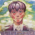  1boy bertolt_hoover brown_eyes brown_hair clouds cloudy_sky colossal_titan giant giant_male highres kf2impossible layered_shirt light_smile looking_at_viewer male_focus painterly portrait shingeki_no_kyojin short_hair sky solo spoilers symbolism titan_(shingeki_no_kyojin) wall 