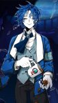  1boy 3cnfw ascot bags_under_eyes black_pants blue_ascot blue_coat blue_hair blue_vest broken_glass chesed_(project_moon) closed_eyes closed_mouth coat coffee collared_shirt cowboy_shot cup facing_viewer glass highres lobotomy_corporation long_sleeves mug pale_skin pants project_moon shirt smile solo vest white_shirt 