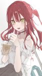  1girl absurdres ayato_ri_yagi bare_shoulders black_choker blush bocchi_the_rock! choker cup disposable_cup drink drinking_straw frilled_shirt frills green_eyes grey_skirt hair_between_eyes highres holding holding_cup holding_drink kita_ikuyo long_hair looking_at_viewer one_side_up open_mouth pleated_skirt redhead shirt simple_background sitting skirt smile solo white_background white_shirt 