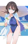  1girl aoi_erika beach black_hair blue_one-piece_swimsuit blue_sky breasts cape clouds cloudy_sky collarbone green_eyes heaven_burns_red highleg ivy large_breasts looking_at_viewer medium_hair ocean one-piece_swimsuit sky solo swimsuit white_cape wristband yuugen 
