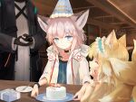  1other 2girls ambiguous_gender animal_ear_fluff animal_ears arknights artist_name birthday_cake black_choker black_coat black_wristband blonde_hair blue_eyes blue_hairband blue_vest blush cake cardigan choker closed_eyes closed_mouth coat collarbone commentary cross doctor_(arknights) food fox_ears fox_girl fox_tail frilled_hairband frills genjaku hairband happy_birthday hat highres hood hood_down hooded_coat indoors infection_monitor_(arknights) kitsune kyuubi lab_coat long_hair long_sleeves multicolored_hair multiple_girls multiple_tails official_alternate_costume open_mouth oripathy_lesion_(arknights) party_hat pink_hair red_cross short_hair sussurro_(arknights) suzuran_(arknights) suzuran_(spring_praise)_(arknights) tail twitter_username two-tone_hair vest white_coat white_hair yellow_cardigan 