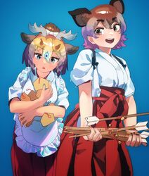  2girls alternate_costume animal_ears apron arrow_(projectile) blonde_hair blue_eyes blue_hair bow brown_eyes brown_hair frilled_apron frills giraffe_ears giraffe_girl giraffe_horns hair_bow hakama hamaya highres horns japanese_clothes kemono_friends miko multicolored_hair multiple_girls ofuda okapi_(kemono_friends) okapi_ears red_hakama shirt short_hair sidelocks sivatherium_(kemono_friends) tied_sleeves toki_reatle white_apron white_bow white_shirt 