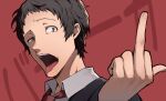  1boy adachi_tooru black_hair black_jacket collared_shirt commentary_request gesugao grey_eyes half-closed_eye hand_up jacket looking_at_viewer male_focus middle_finger necktie open_mouth persona persona_4 raised_eyebrow red_background red_necktie shirt short_hair solo teeth tongue tongue_out translation_request upper_body upper_teeth_only white_shirt yoshino_saku 