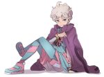  1boy ahoge arm_support bede_(pokemon) blue_pants closed_mouth coat coat_on_shoulders commentary_request crossed_legs curly_hair eyelashes full_body grey_hair hand_up looking_at_viewer male_focus marutei2 official_alternate_costume pants pokemon pokemon_(game) pokemon_swsh purple_coat shirt shoes short_hair shorts simple_background sitting smile violet_eyes watch watch white_shorts 