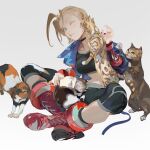  1girl ahoge blonde_hair blue_jacket breasts cammy_white cat collar highres jacket lucaxu1991 medium_hair multiple_cats one_eye_closed red_footwear sitting smile solo sportswear street_fighter street_fighter_6 tank_top white_background 