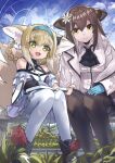  2girls :d animal_ear_fluff animal_ears arknights ascot bare_shoulders black_ascot black_collar black_footwear black_gloves black_pantyhose blonde_hair blue_gloves blue_hairband book book_on_lap boots braid braided_hair_rings brown_hair cat_ears cat_girl closed_mouth collar dress earpiece flower folinic_(arknights) fox_ears fox_girl fox_tail frilled_dress frilled_sleeves frills ganemu_(0912015) gloves green_eyes hair_between_eyes hair_flower hair_ornament hair_rings hairband highres infection_monitor_(arknights) jacket kitsune kyuubi long_hair multicolored_hair multiple_girls multiple_tails off-shoulder_dress off_shoulder open_mouth oripathy_lesion_(arknights) outdoors pantyhose purple_dress short_hair single_glove sitting smile suzuran_(arknights) tail torn_clothes torn_pantyhose twin_braids two-tone_hair white_flower white_hair white_jacket white_pantyhose yellow_eyes 